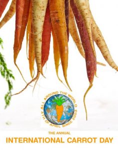 Imágenes de zanahorias y el emblema oficial del International Carrot Day para ilustrar un ejemplo de día para celebrar la gastronomía