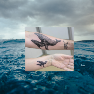 Imagen de una ballena y su hijo, uno de los tatuajes del chef Omar Páez